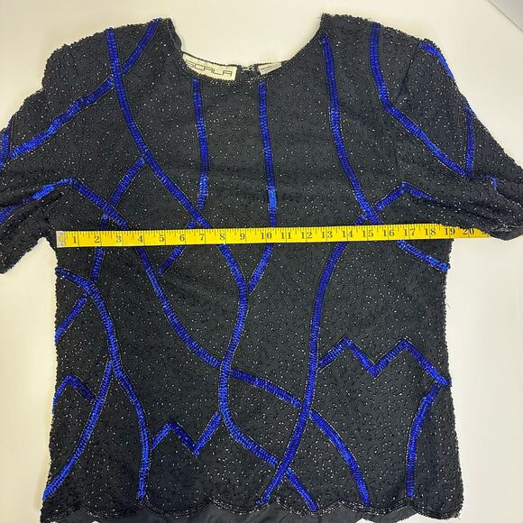 Vintage Scala Black and Blue Sequin Beaded Silk Top 
– Size XL - Picture 7 of 7
